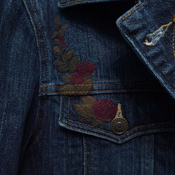 Womens Stretch Denim Floral Embroidered Jean Jacket - Picture 4 of 10